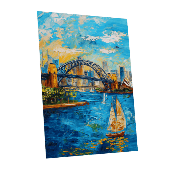 Sydney in Full Sail, blue, gold, white abstract wall art shown as a unframed poster wall art print