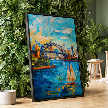 Sydney in Full Sail, blue, gold, white abstract wall art displayed in a styled interior, gallery view 1
