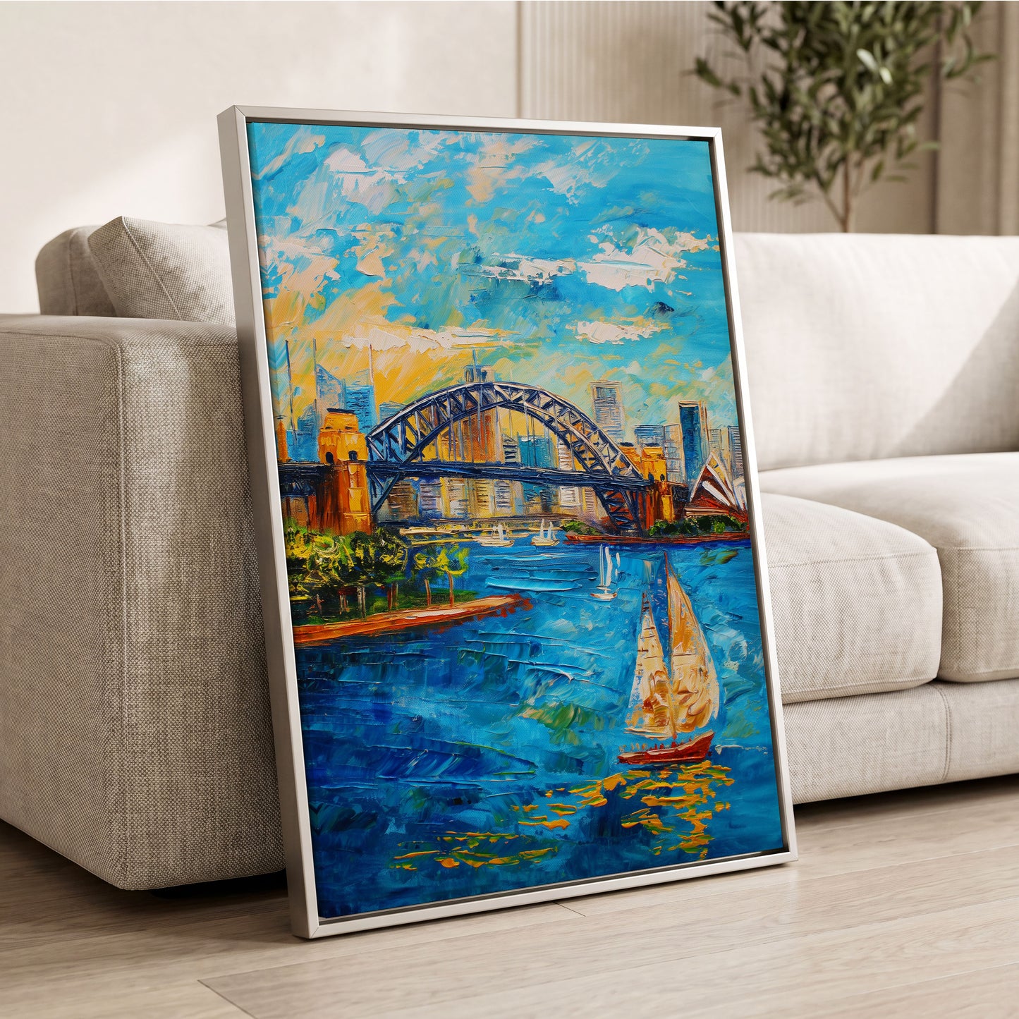 Sydney in Full Sail, blue, gold, white abstract wall art displayed in a styled interior, gallery view 2