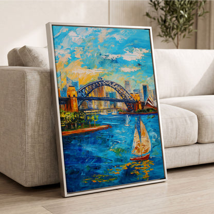Sydney in Full Sail, blue, gold, white abstract wall art displayed in a styled interior, gallery view 2