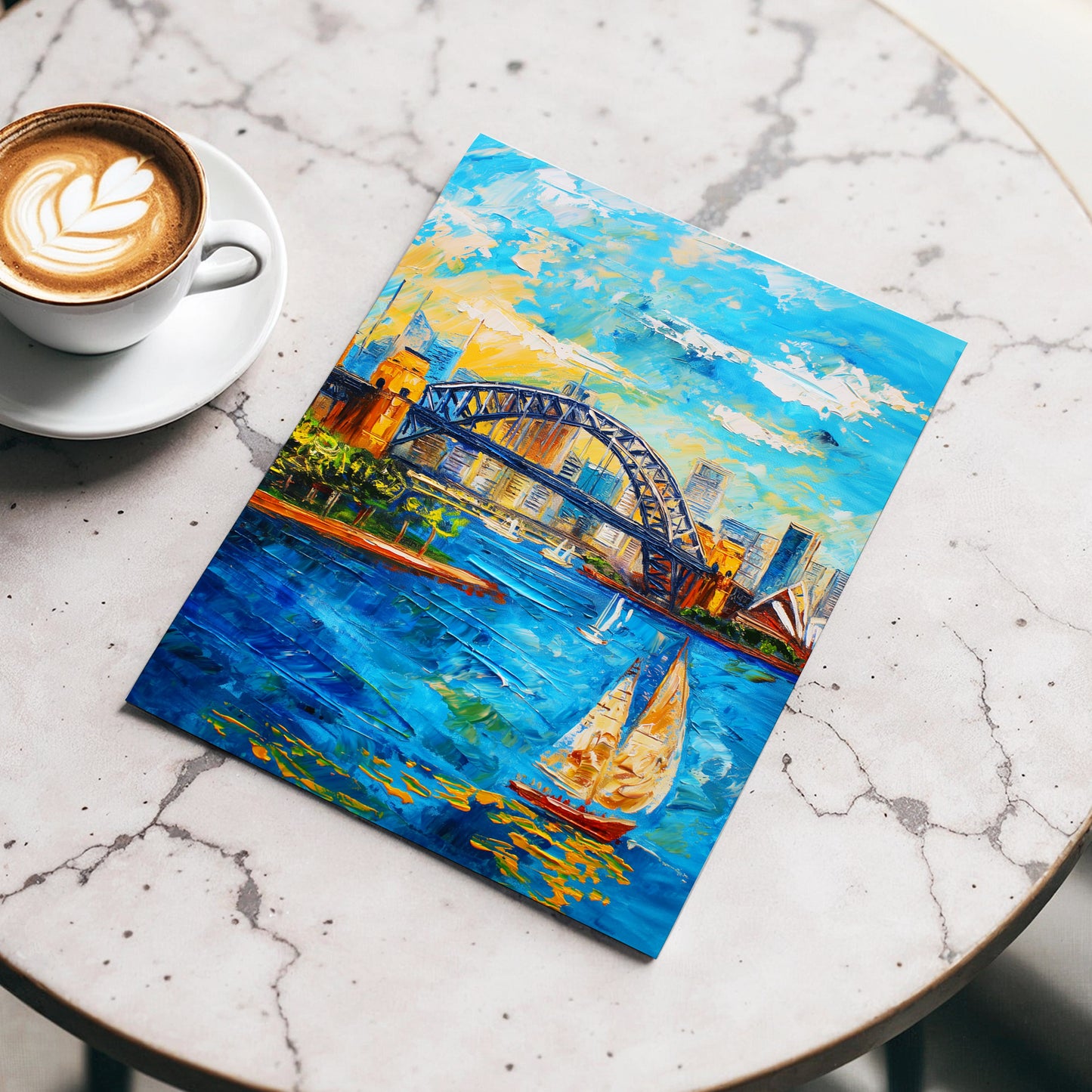Sydney in Full Sail, blue, gold, white abstract wall art displayed in a styled interior, gallery view 3
