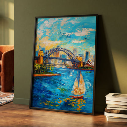 Sydney in Full Sail, blue, gold, white abstract wall art displayed in a styled interior, gallery view 4