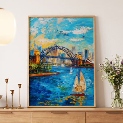 Sydney in Full Sail, blue, gold, white abstract wall art displayed in a styled interior, gallery view 5