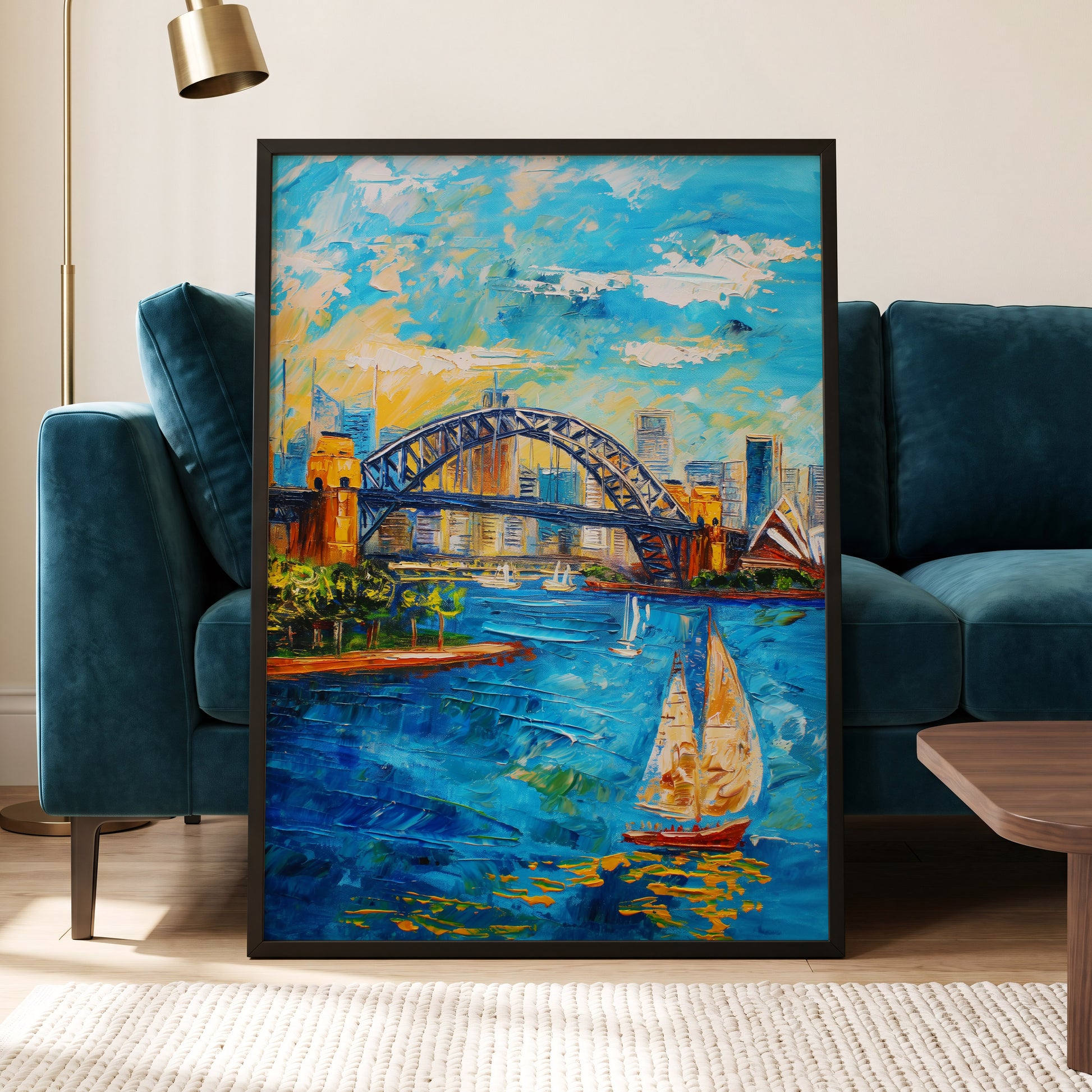 Sydney in Full Sail, blue, gold, white abstract wall art displayed in a styled interior, gallery view 6
