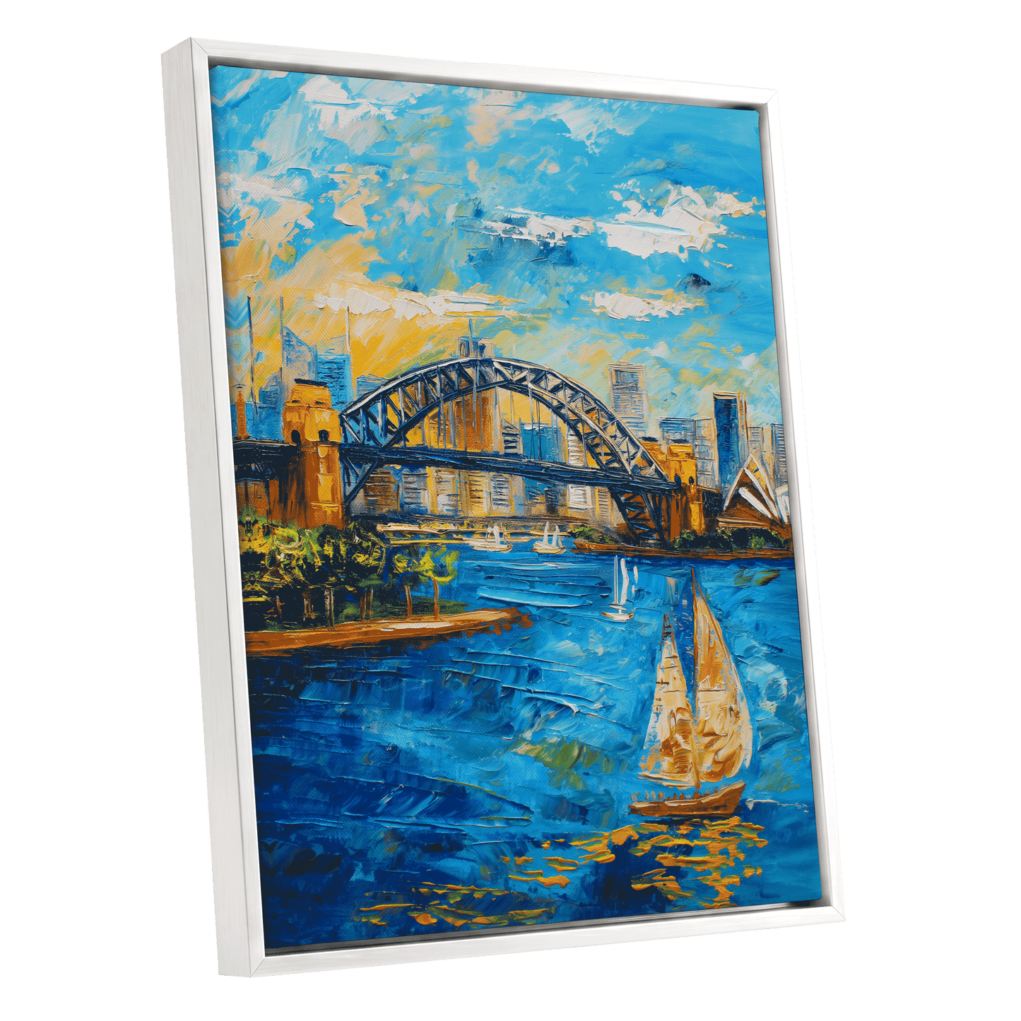 Sydney in Full Sail, blue, gold, white abstract wall art shown as a white framed canvas wall art