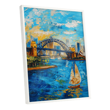 Sydney in Full Sail, blue, gold, white abstract wall art shown as a white framed poster wall art print