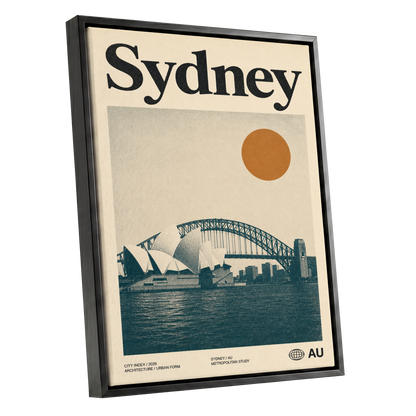 Sydney in Ochre, beige, blue, orange minimalist wall art shown as a black framed canvas wall art