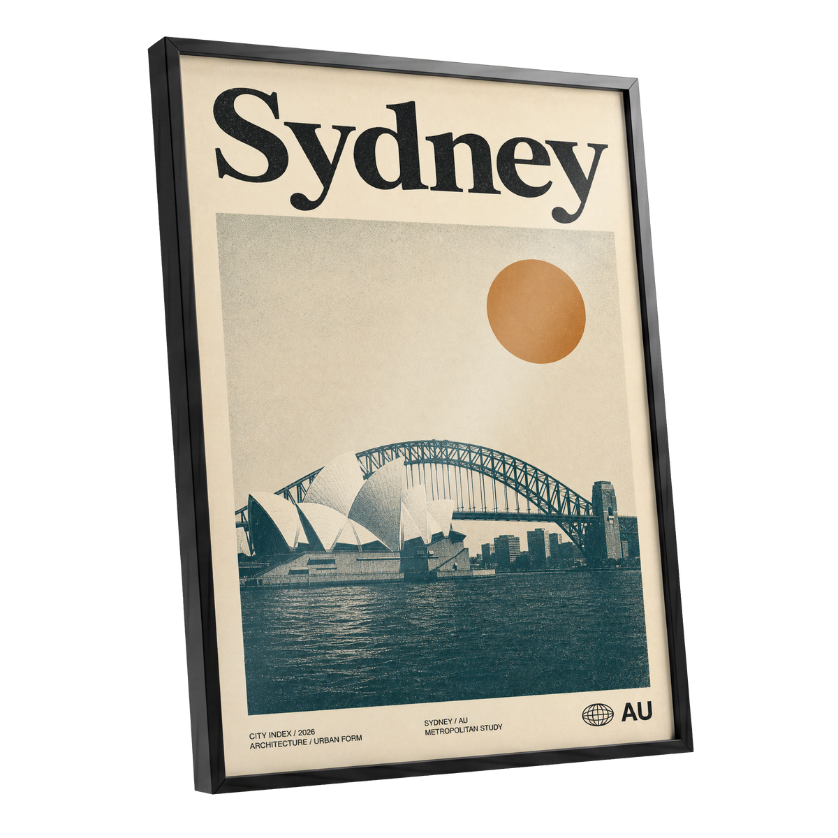 Sydney in Ochre, beige, blue, orange minimalist wall art shown as a black framed poster wall art print