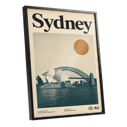 Sydney in Ochre, beige, blue, orange minimalist wall art shown as a black framed poster wall art print