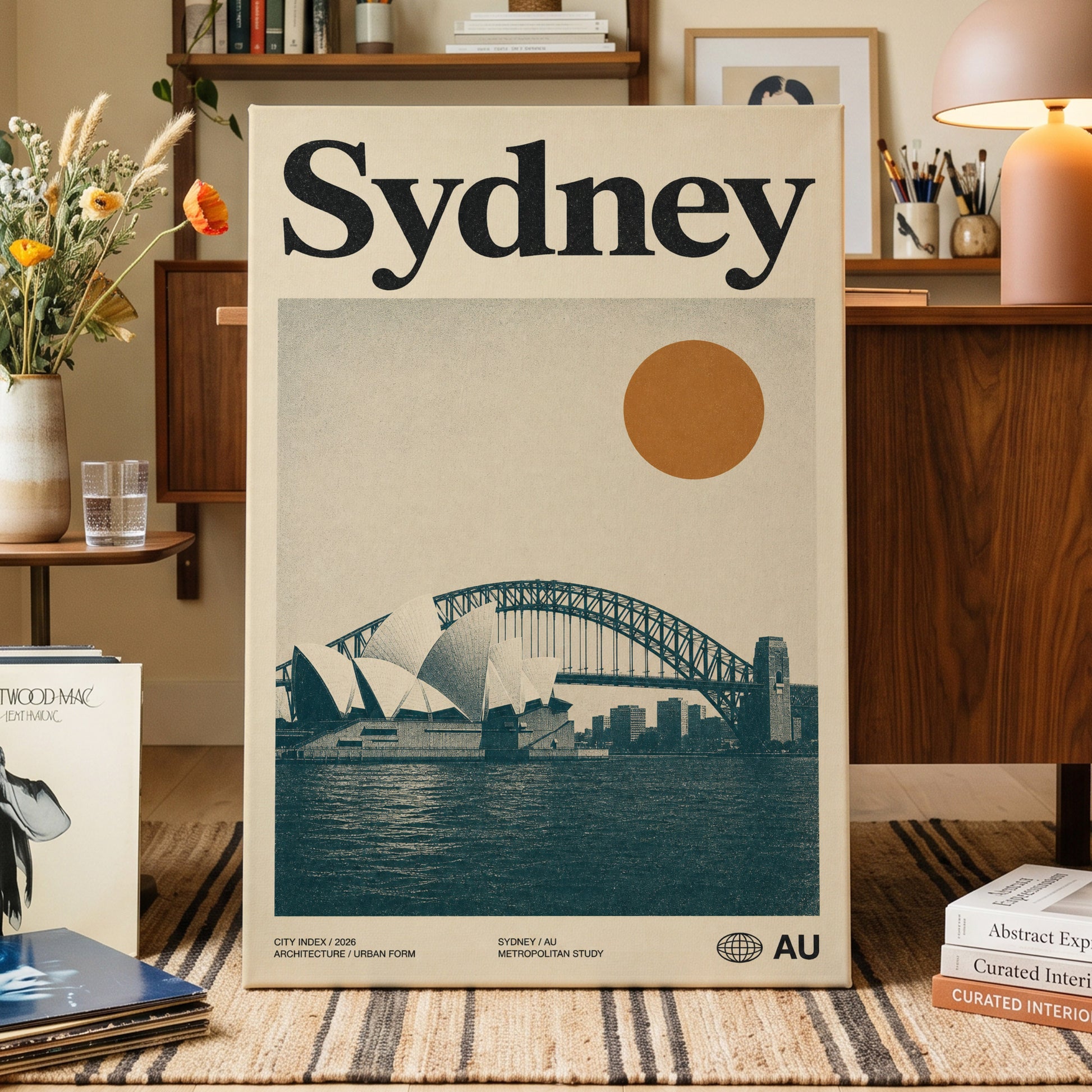 Sydney in Ochre, beige, blue, orange minimalist wall art on canvas displayed in a styled interior, gallery view 1