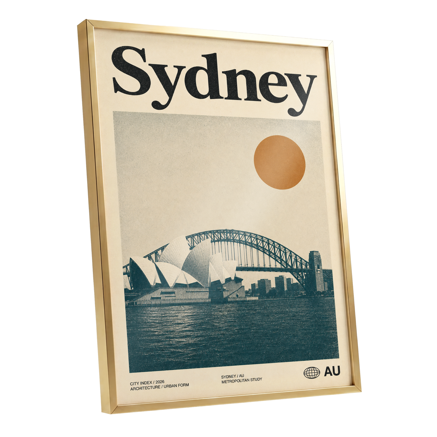 Sydney in Ochre, beige, blue, orange minimalist wall art shown as a gold framed poster wall art print