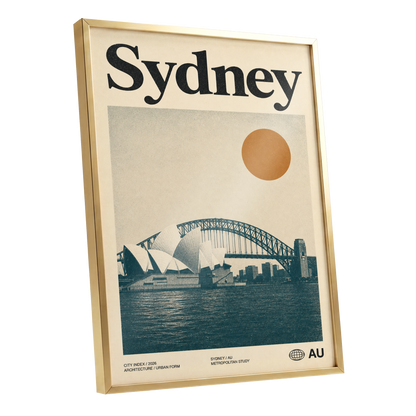 Sydney in Ochre, beige, blue, orange minimalist wall art shown as a gold framed poster wall art print