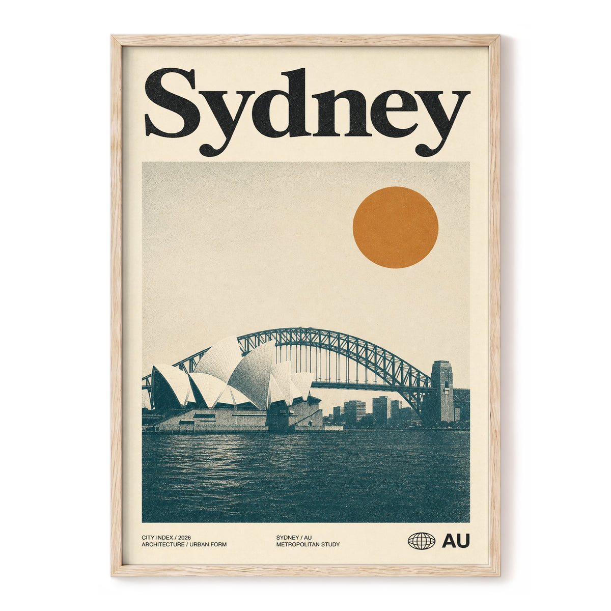 Sydney in Ochre, beige, blue, orange minimalist wall art, front artwork view