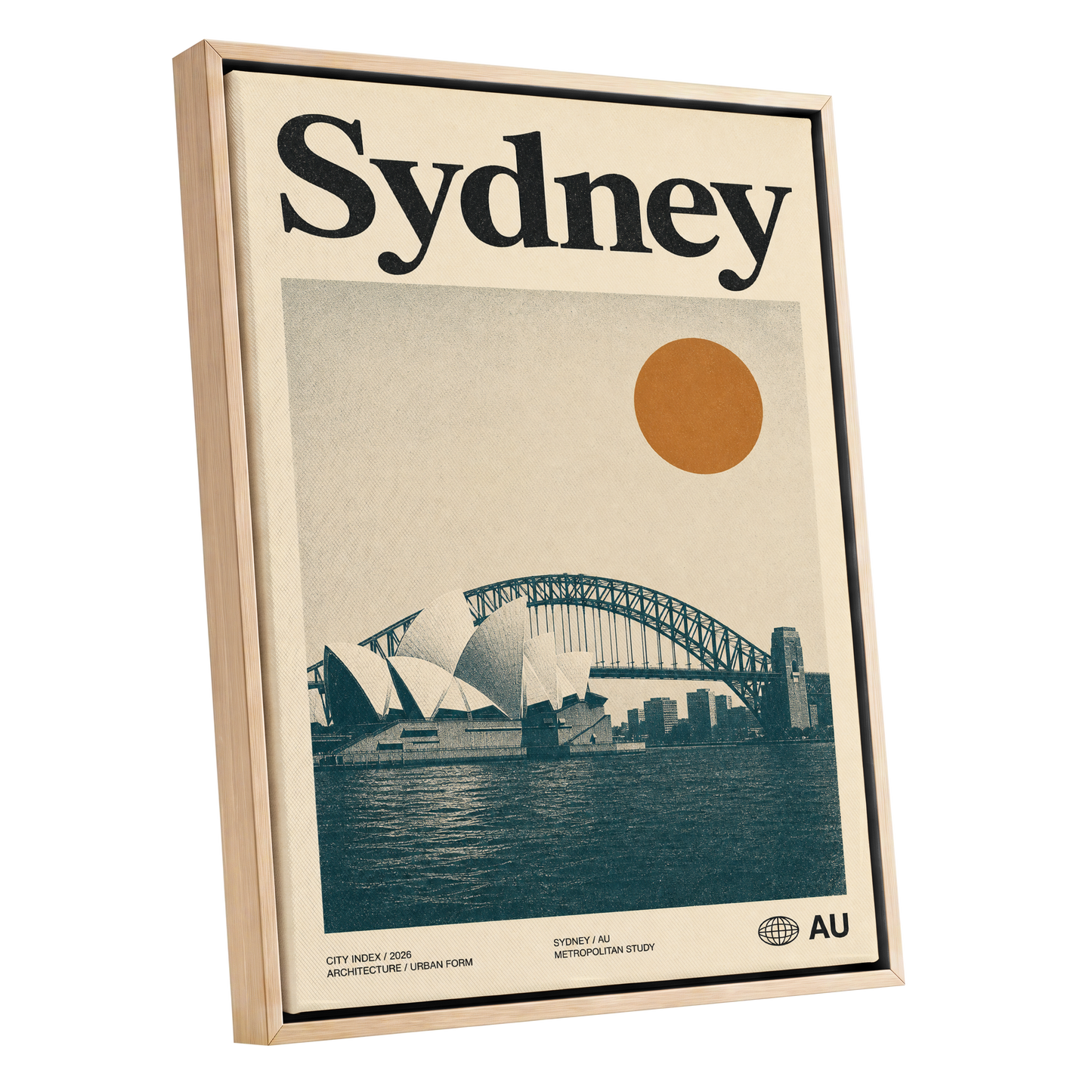 Sydney in Ochre, beige, blue, orange minimalist wall art shown as a oak framed canvas wall art