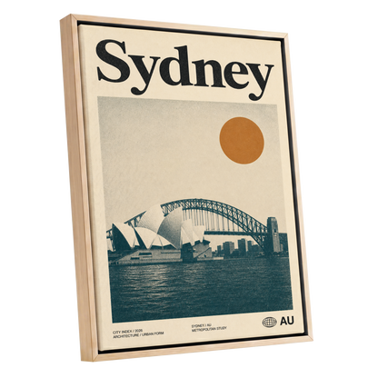 Sydney in Ochre, beige, blue, orange minimalist wall art shown as a oak framed canvas wall art