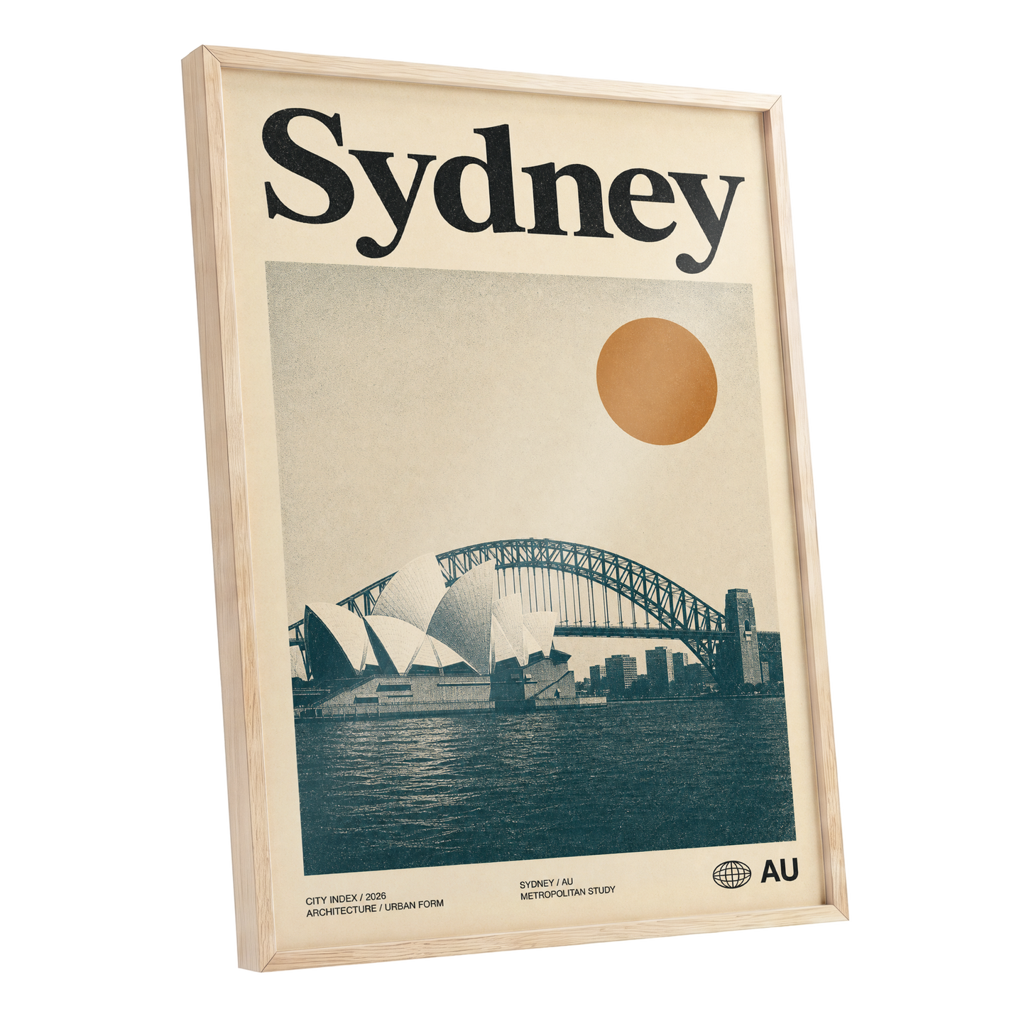 Sydney in Ochre, beige, blue, orange minimalist wall art shown as a oak framed poster wall art print