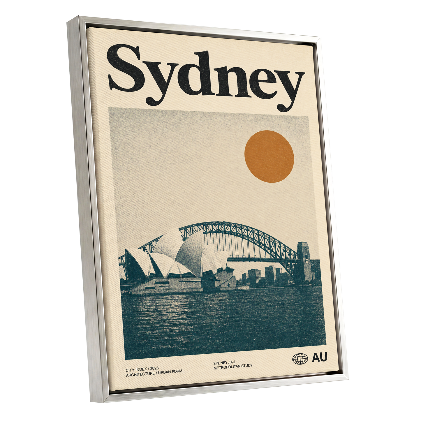 Sydney in Ochre, beige, blue, orange minimalist wall art shown as a silver framed canvas wall art