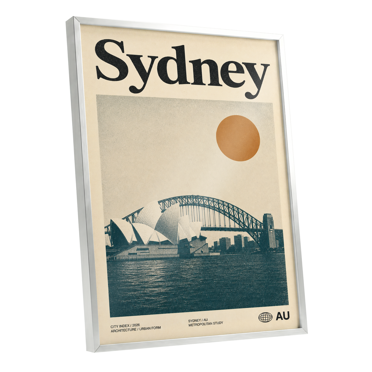 Sydney in Ochre, beige, blue, orange minimalist wall art shown as a silver framed poster wall art print