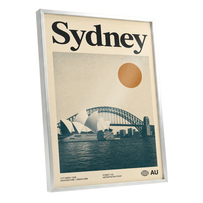 Sydney in Ochre, beige, blue, orange minimalist wall art shown as a silver framed poster wall art print