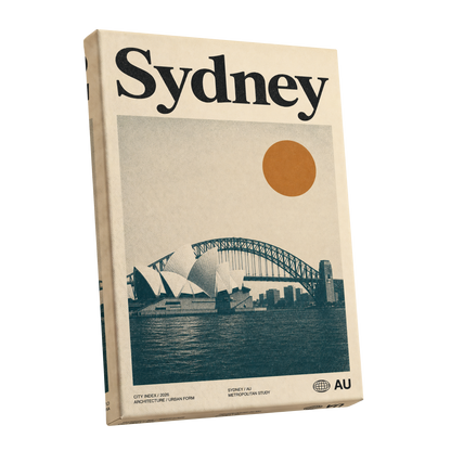 Sydney in Ochre, beige, blue, orange minimalist wall art shown as a stretched canvas wall art