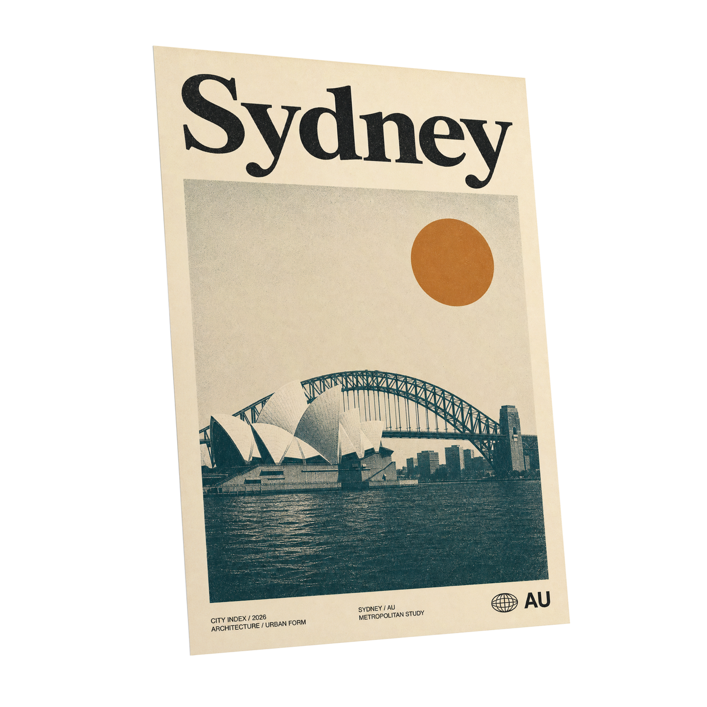 Sydney in Ochre, beige, blue, orange minimalist wall art shown as a unframed poster wall art print