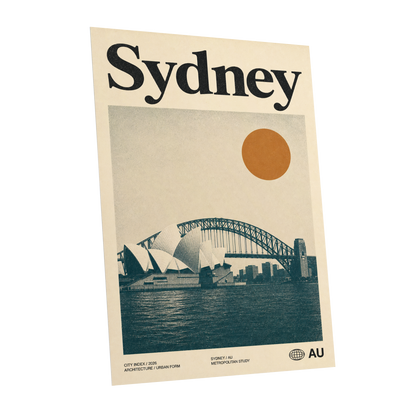 Sydney in Ochre, beige, blue, orange minimalist wall art shown as a unframed poster wall art print