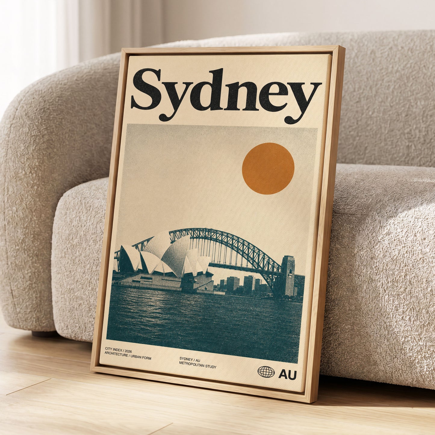 Sydney in Ochre, beige, blue, orange minimalist wall art displayed in a styled interior, gallery view 1
