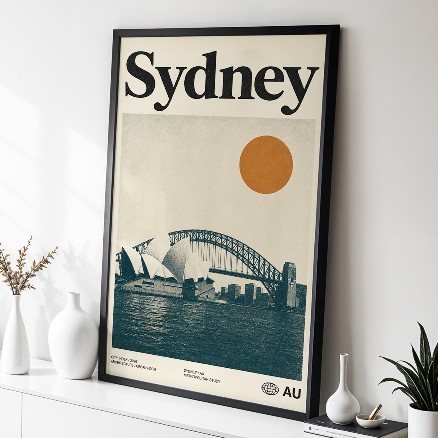 Sydney in Ochre, beige, blue, orange minimalist wall art displayed in a styled interior, gallery view 2