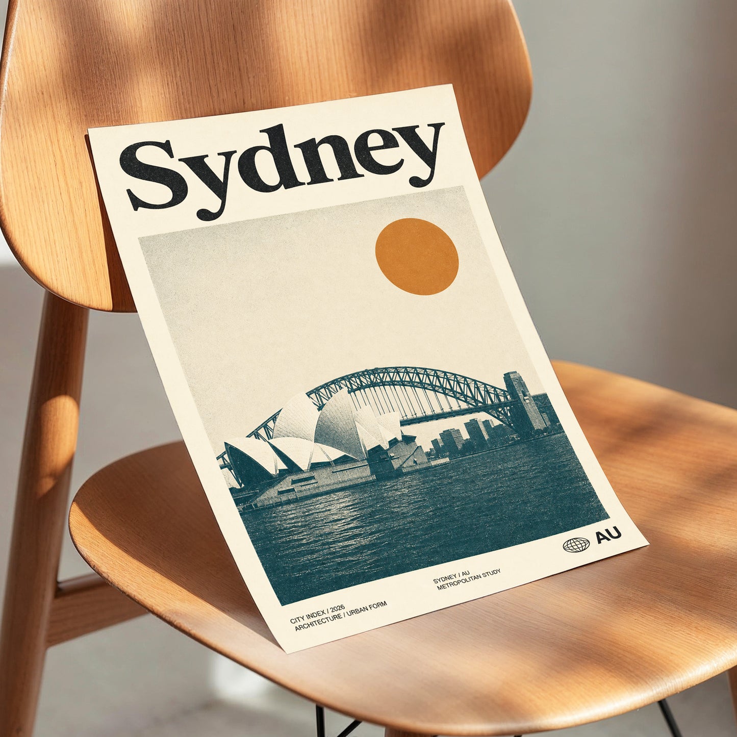 Sydney in Ochre, beige, blue, orange minimalist wall art displayed in a styled interior, gallery view 3