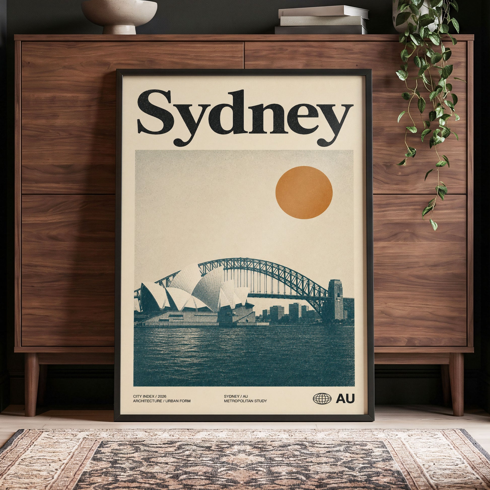 Sydney in Ochre, beige, blue, orange minimalist wall art displayed in a styled interior, gallery view 4
