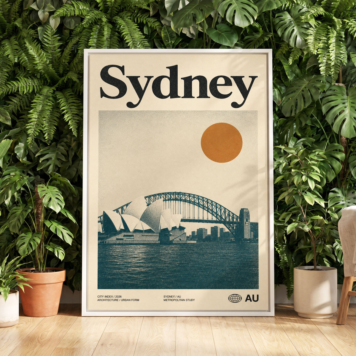 Sydney in Ochre, beige, blue, orange minimalist wall art displayed in a styled interior, gallery view 5