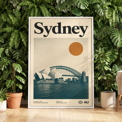 Sydney in Ochre, beige, blue, orange minimalist wall art displayed in a styled interior, gallery view 5