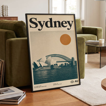 Sydney in Ochre, beige, blue, orange minimalist wall art displayed in a styled interior, gallery view 6
