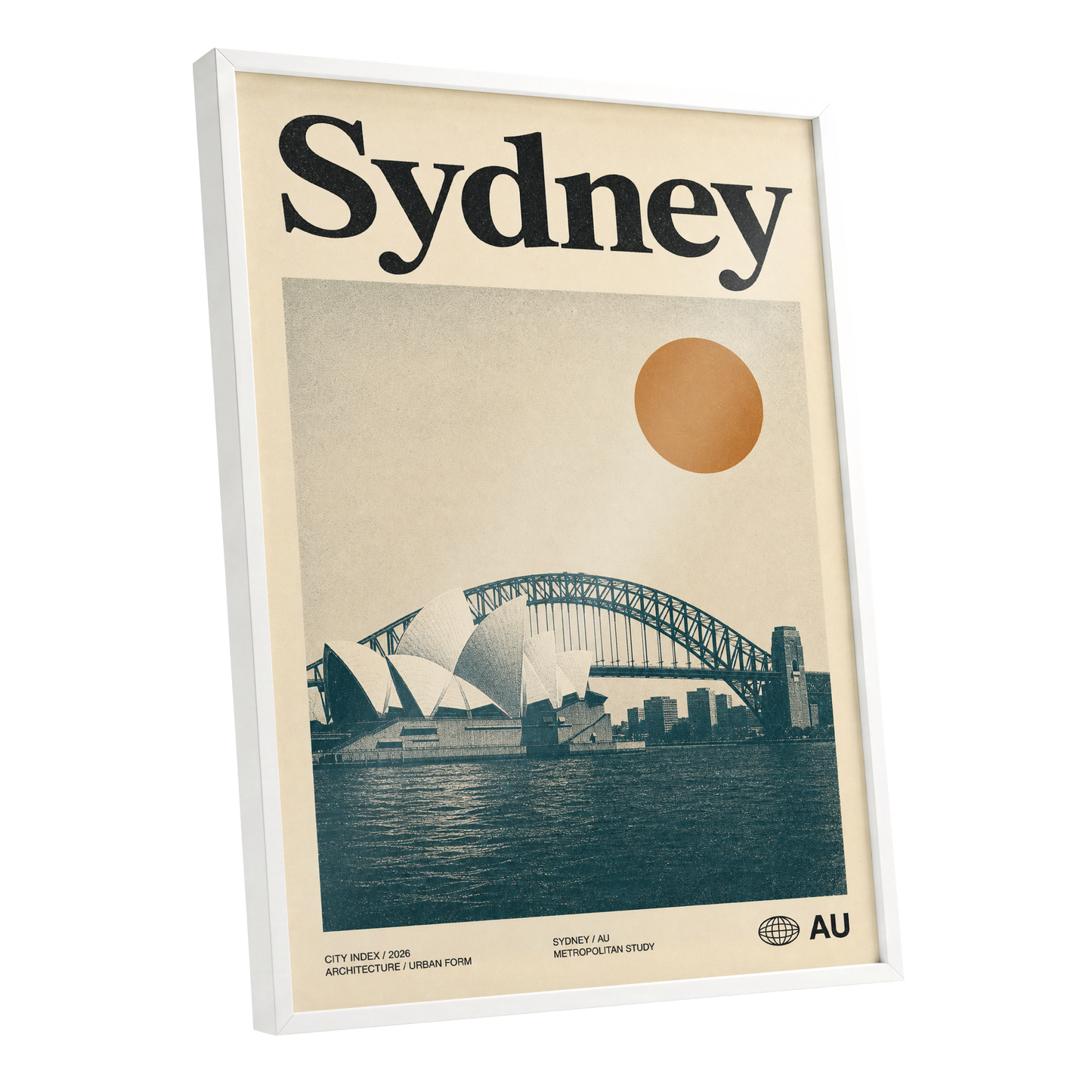 Sydney in Ochre, beige, blue, orange minimalist wall art shown as a white framed poster wall art print
