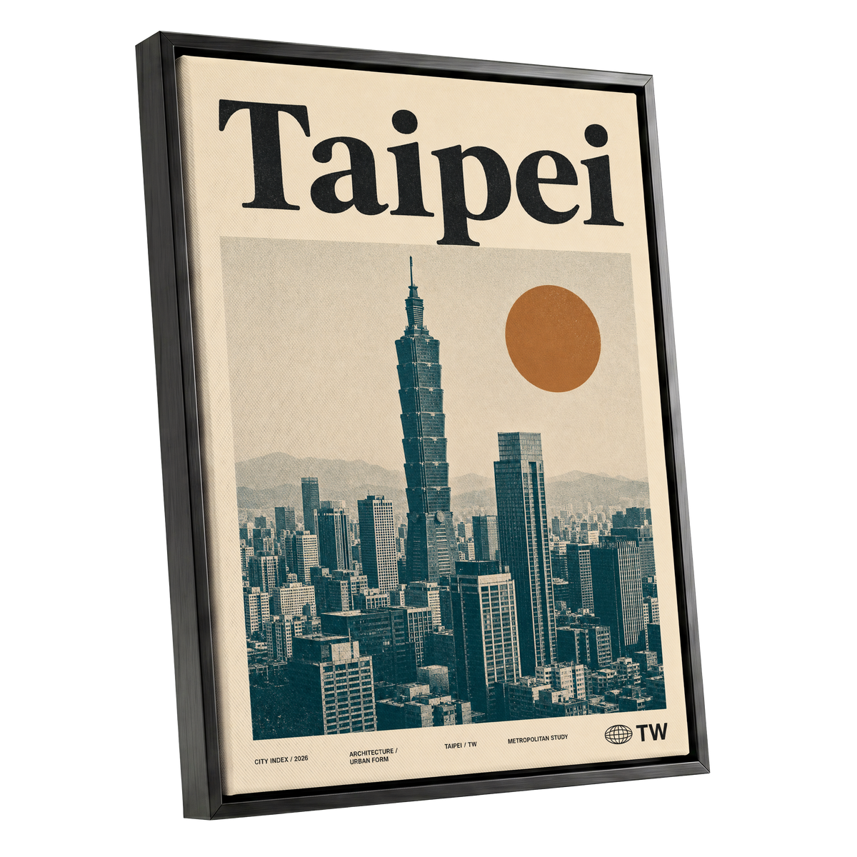 Taipei City Index, beige, black, brown minimalist wall art shown as a black framed canvas wall art