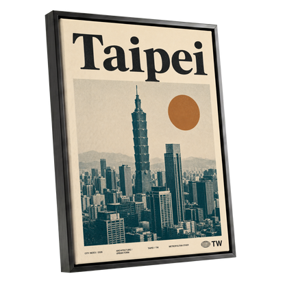 Taipei City Index, beige, black, brown minimalist wall art shown as a black framed canvas wall art