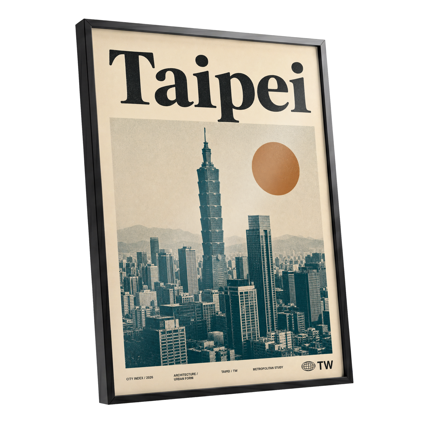 Taipei City Index, beige, black, brown minimalist wall art shown as a black framed poster wall art print