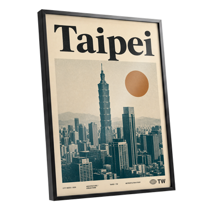 Taipei City Index, beige, black, brown minimalist wall art shown as a black framed poster wall art print