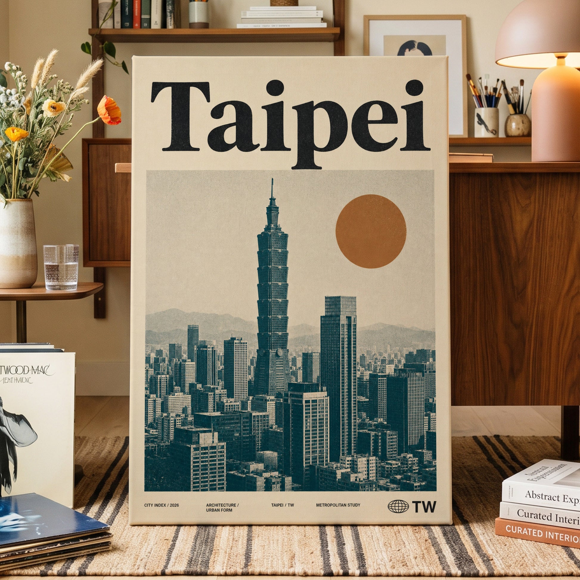 Taipei City Index, beige, black, brown minimalist wall art on canvas displayed in a styled interior, gallery view 1