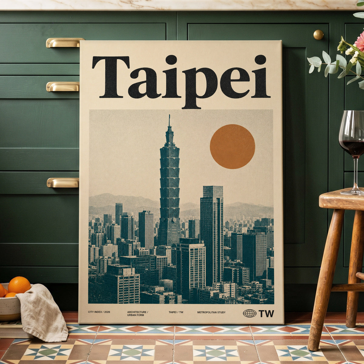 Taipei City Index, beige, black, brown minimalist wall art on canvas displayed in a styled interior, gallery view 2