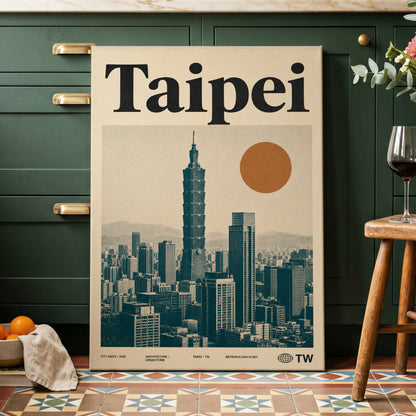 Taipei City Index, beige, black, brown minimalist wall art on canvas displayed in a styled interior, gallery view 2
