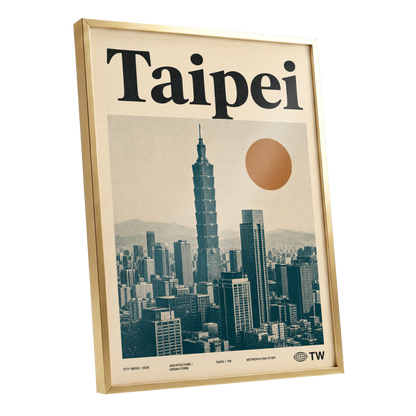 Taipei City Index, beige, black, brown minimalist wall art shown as a gold framed poster wall art print