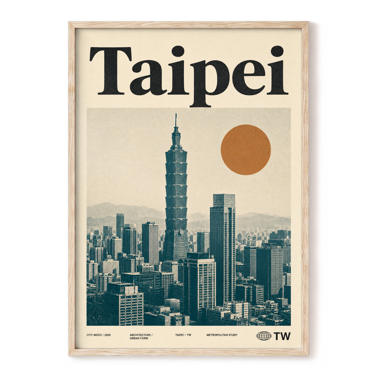 Taipei City Index, beige, black, brown minimalist wall art, front artwork view