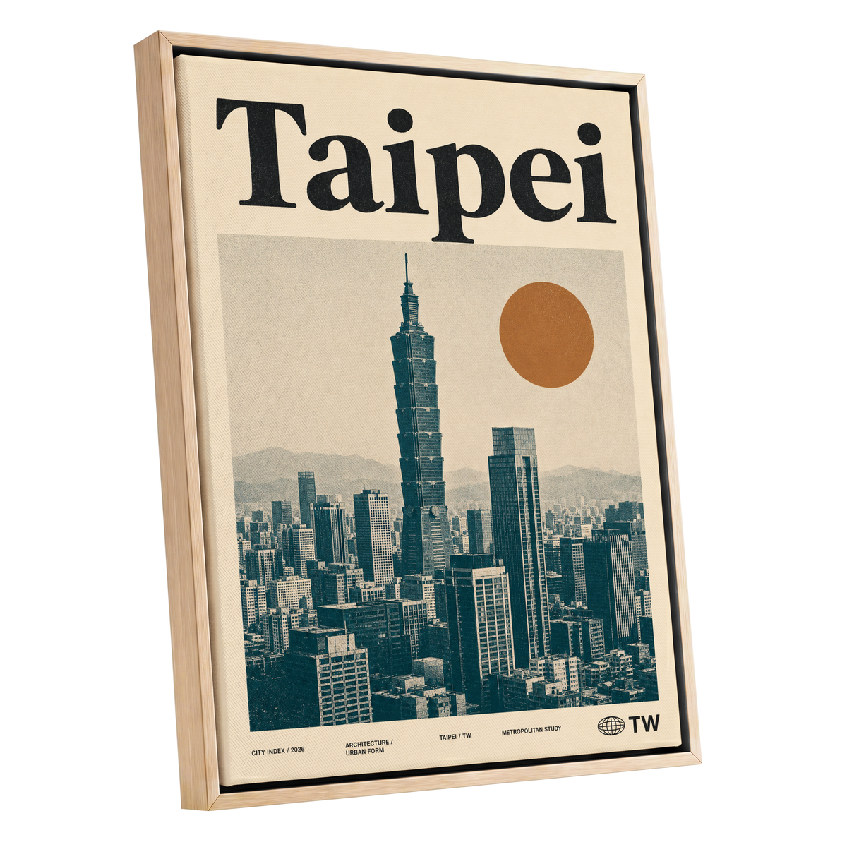 Taipei City Index, beige, black, brown minimalist wall art shown as a oak framed canvas wall art