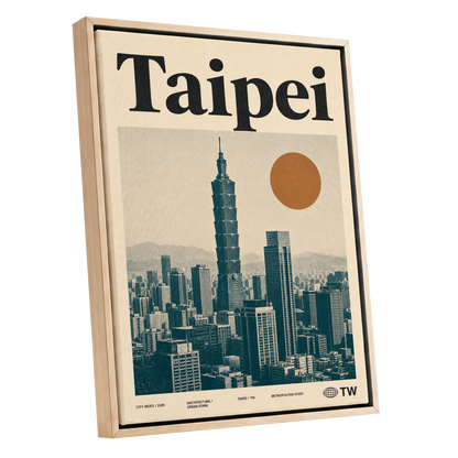 Taipei City Index, beige, black, brown minimalist wall art shown as a oak framed canvas wall art