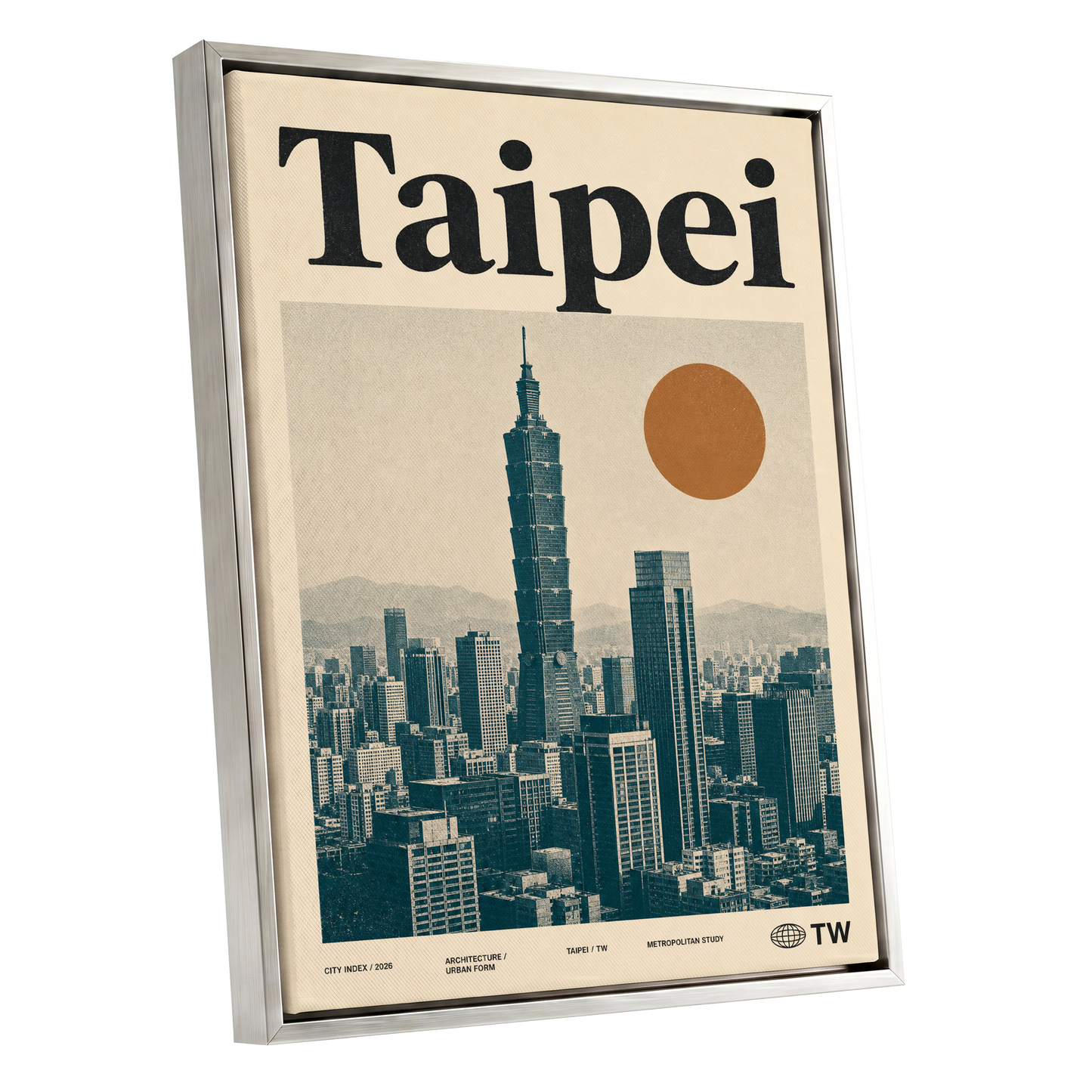 Taipei City Index, beige, black, brown minimalist wall art shown as a silver framed canvas wall art