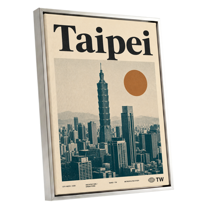 Taipei City Index, beige, black, brown minimalist wall art shown as a silver framed canvas wall art