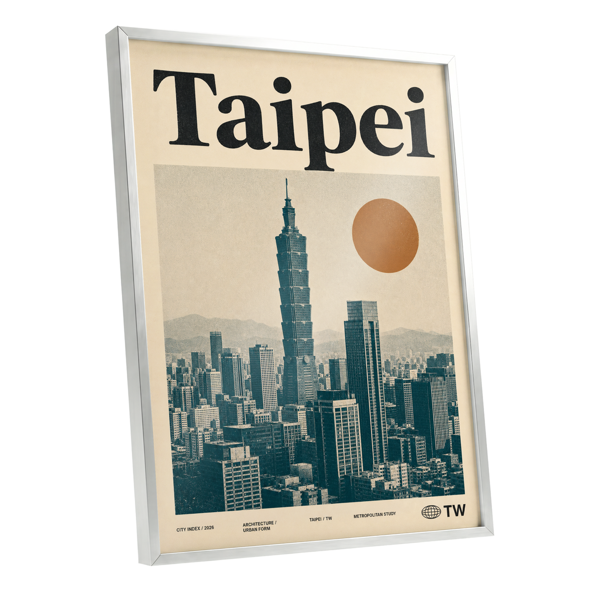 Taipei City Index, beige, black, brown minimalist wall art shown as a silver framed poster wall art print