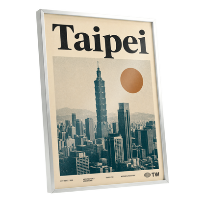 Taipei City Index, beige, black, brown minimalist wall art shown as a silver framed poster wall art print