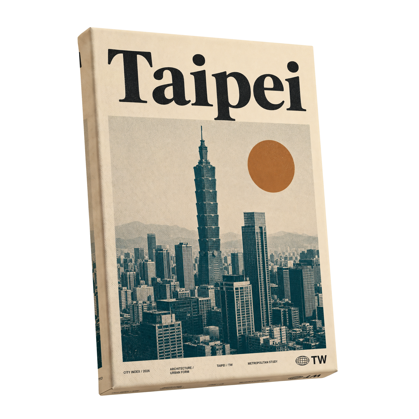 Taipei City Index, beige, black, brown minimalist wall art shown as a stretched canvas wall art